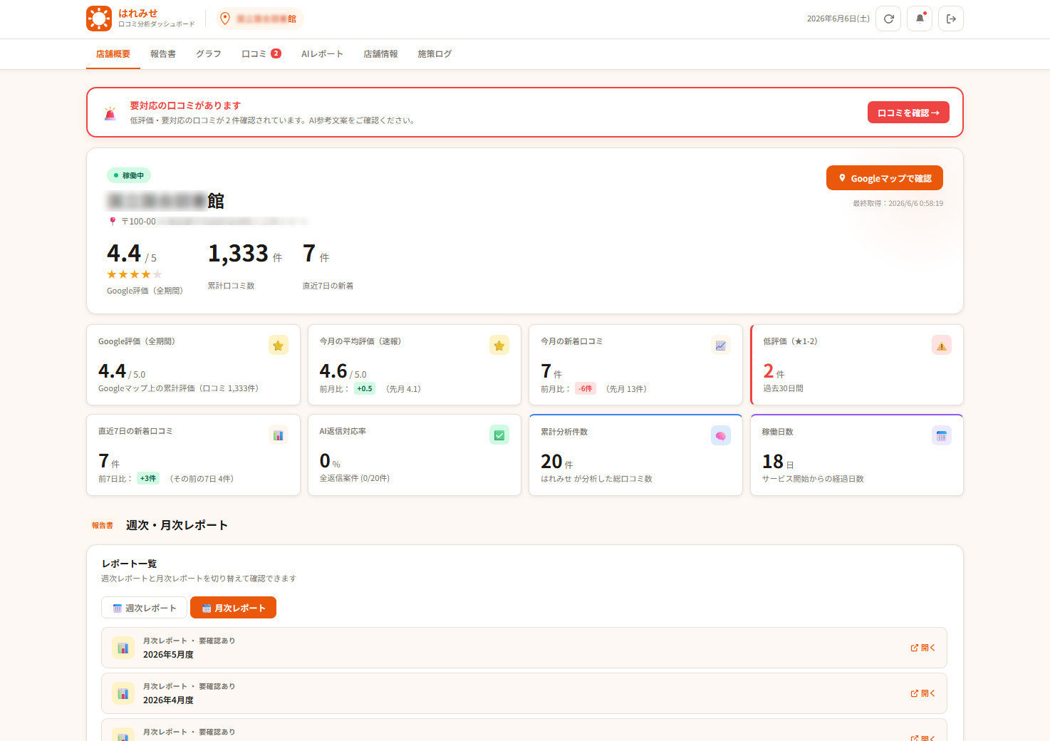 口コミ分析システム はれみせ 店舗概要画面のサンプル
